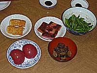 赤天、のやき、胡麻和え、冷やしトマト、茄子の浅漬け