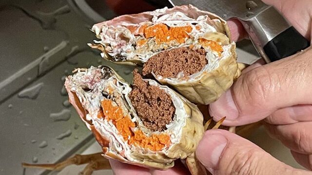 半分に割ったせいこ蟹　みそと卵いっぱい