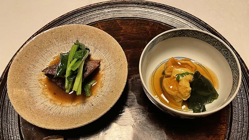 湯布院 亀の井別荘の食事 大分和牛の炭火焼きと若竹煮
